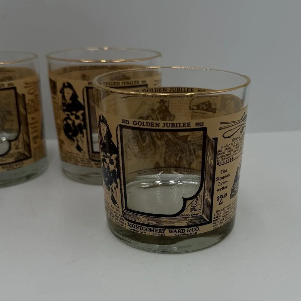 4-Vintage 1972 Montgomery Ward Golden Jubilee‎ Whiskey Rocks Glasses Gold Rim